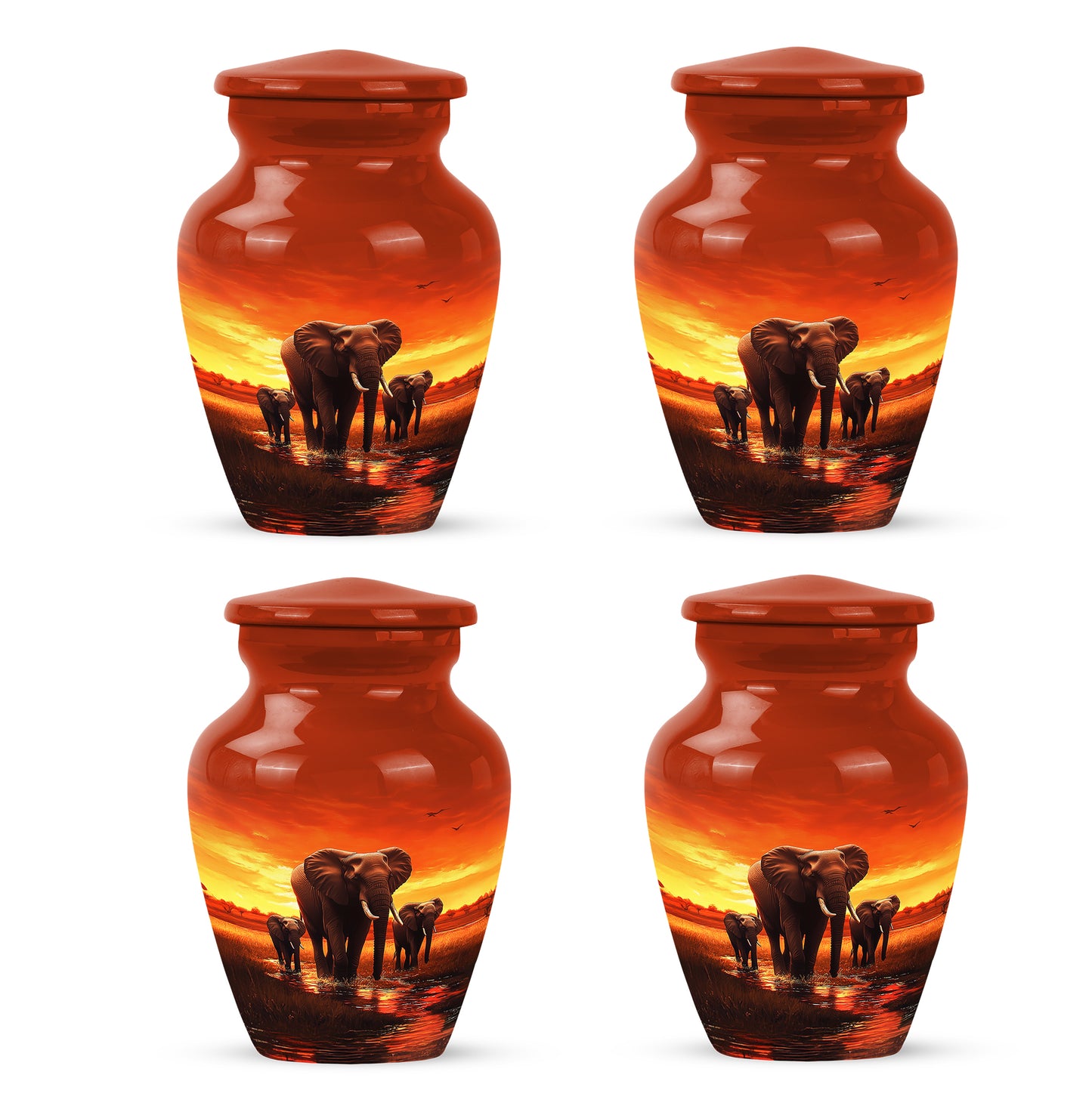 Rich Red Elephant Cremation Urn side profile showing urn shape - traditional elephant engraving with hand-polished finish - 10 inch aluminum urn for cremated remains