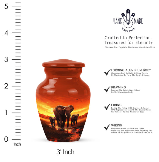 Scarlet Red Elephant Cremation Urn close-up of engraving and surface detail - traditional elephant engraving with hand-polished finish - mini keepsake memorial for portion of cremation ashes