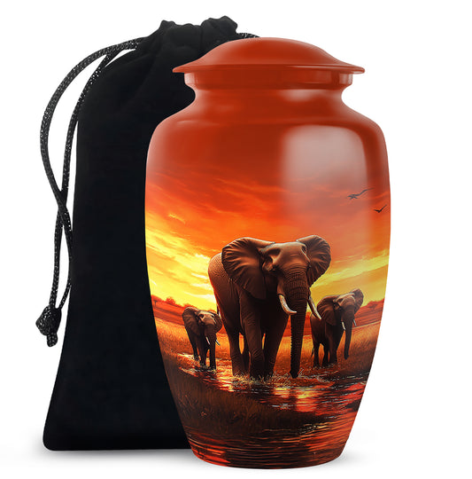 Wine Red Elephant Cremation Urn angled view of lid and engraved motif - classic sculpted elephant pattern on smooth aluminum - full-size 10 inch 200 cubic inch adult cremation urn