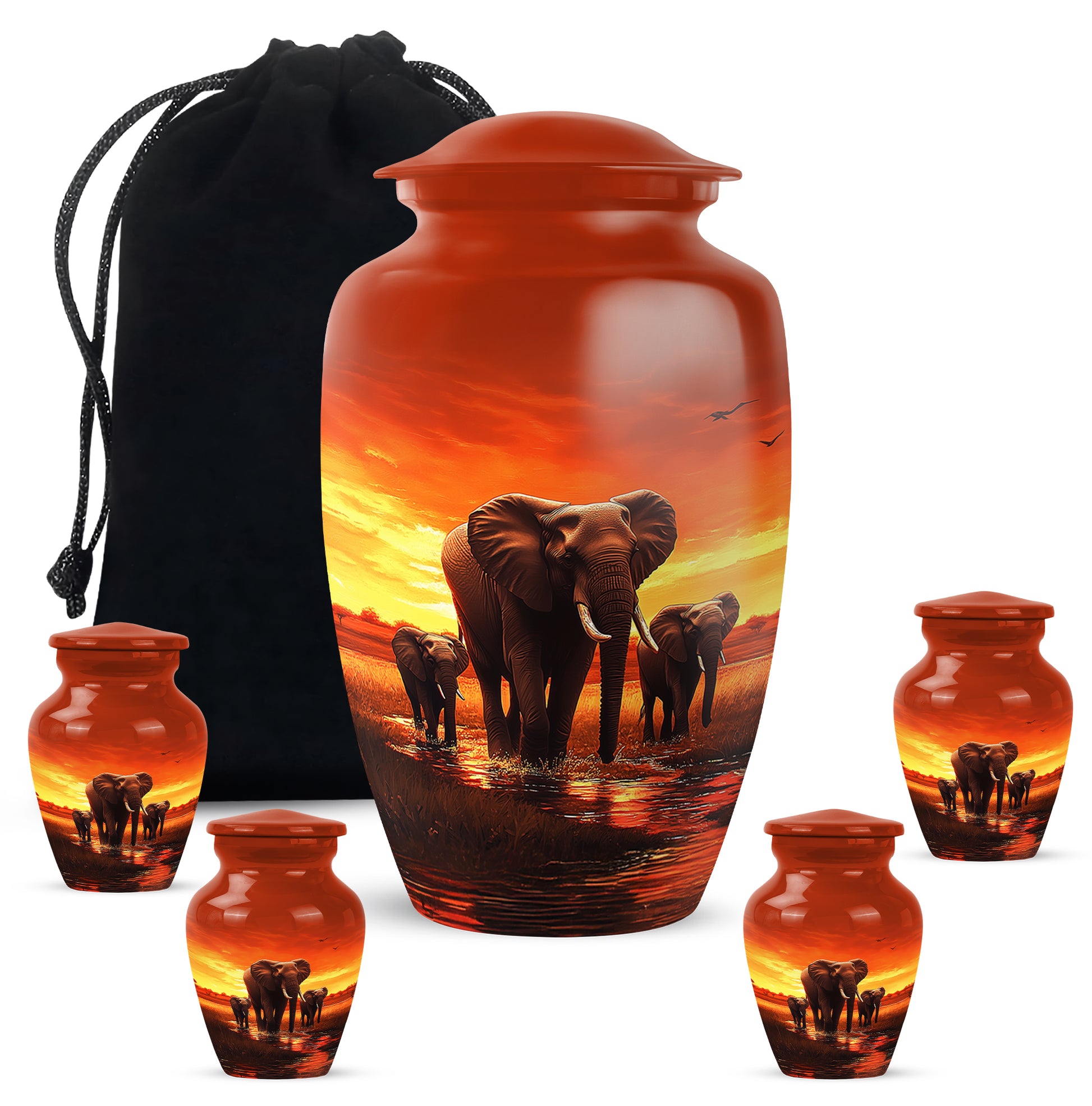 Ruby Red Elephant Cremation Urn top-down view of secure threaded lid - traditional elephant engraving with hand-polished finish - memorial set with one large and four small urns