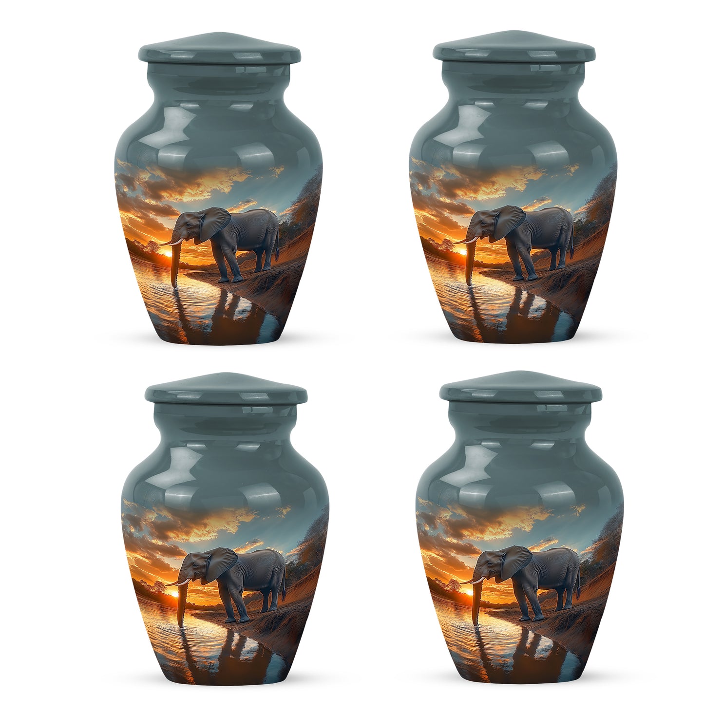 Soft Teal Elephant Cremation Urn side profile showing urn shape - timeless elephant motif etched into premium metal - 10 inch aluminum urn for cremated remains