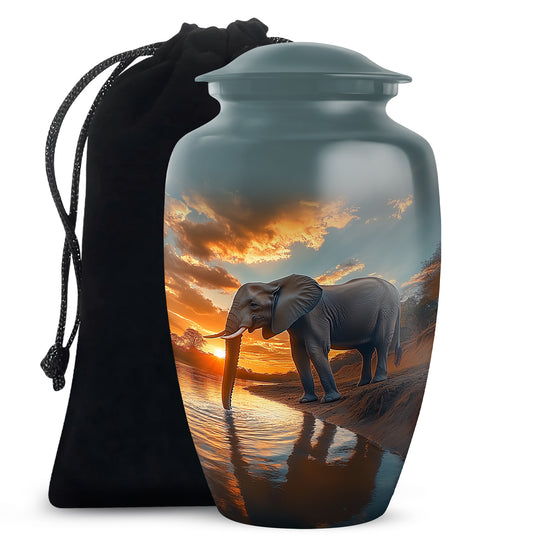 Ocean Teal Elephant Cremation Urn angled view of lid and engraved motif - classic sculpted elephant pattern on smooth aluminum - full-size 10 inch 200 cubic inch adult cremation urn