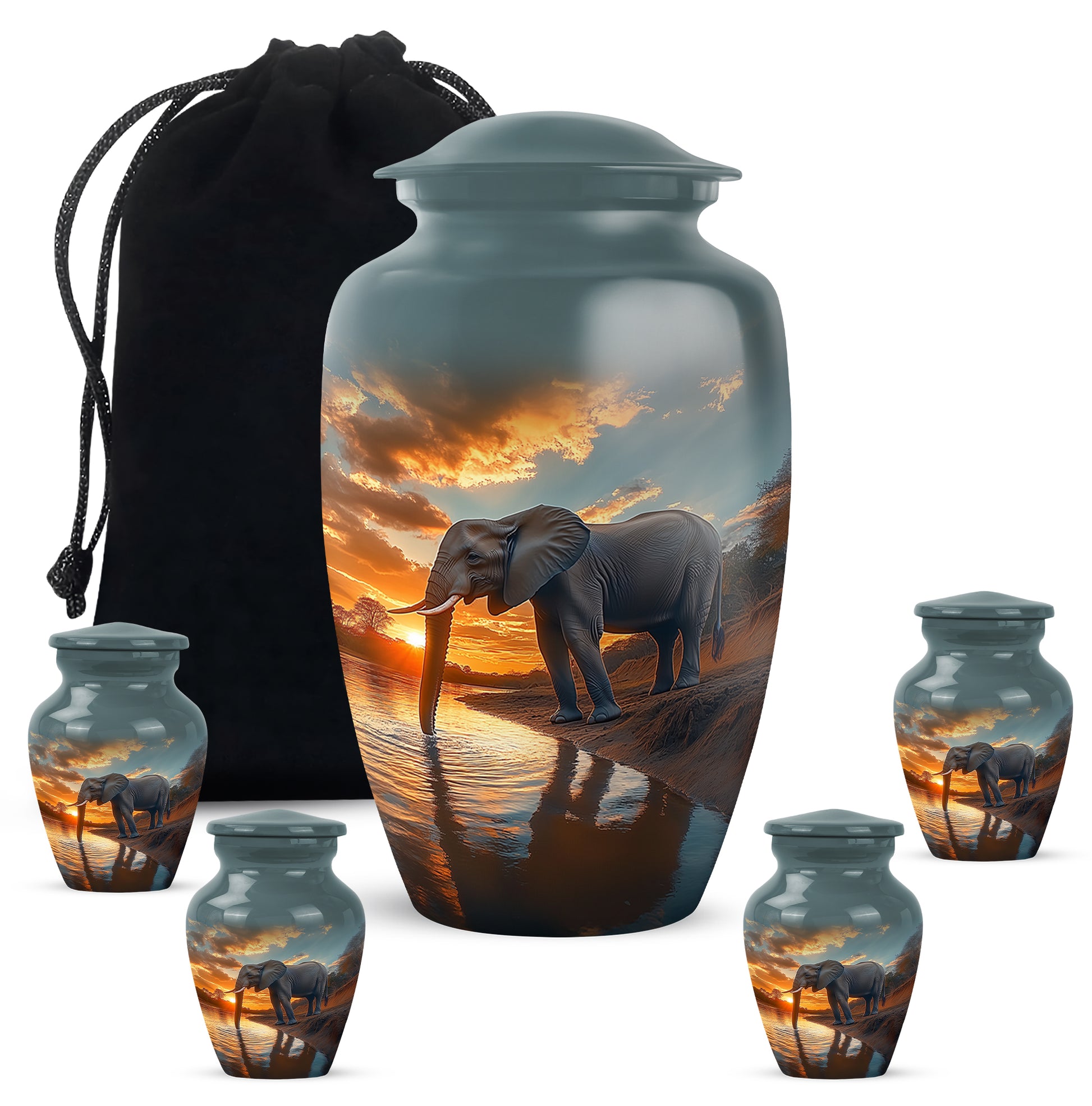 Cool Teal Elephant Cremation Urn top-down view of secure threaded lid - classic sculpted elephant pattern on smooth aluminum - memorial set with one large and four small urns