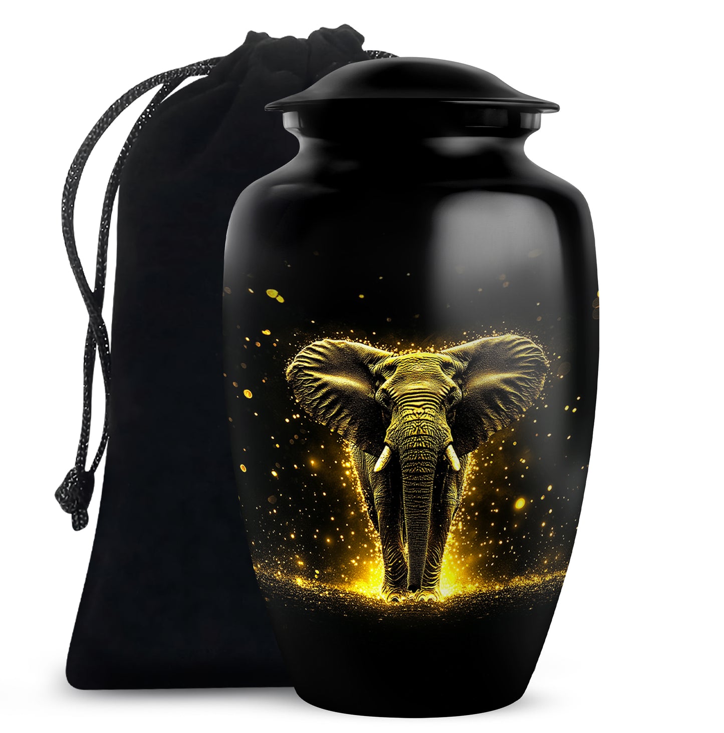 Rich Black Elephant Cremation Urn angled view of lid and engraved motif - timeless elephant motif etched into premium metal - full-size 10 inch 200 cubic inch adult cremation urn