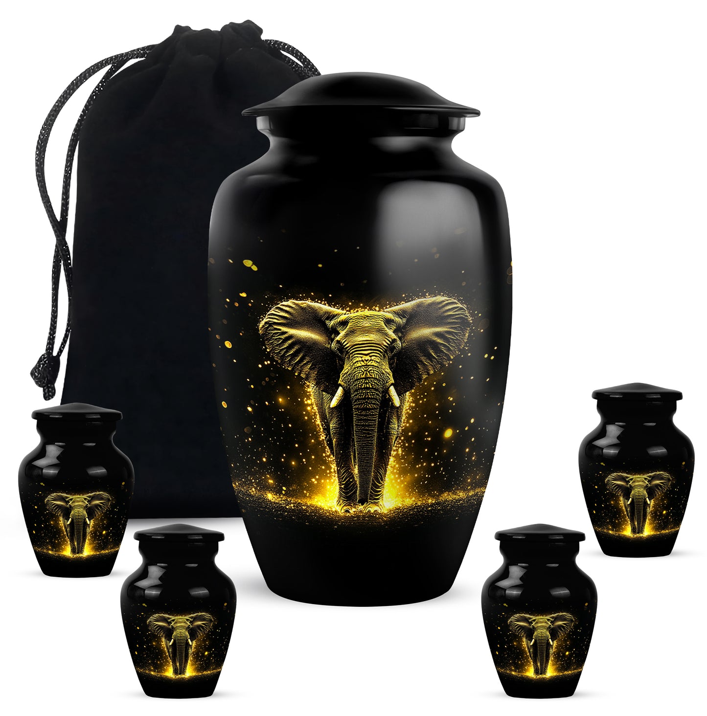 Obsidian Black Elephant Cremation Urn top-down view of secure threaded lid - traditional elephant engraving with hand-polished finish - memorial set with one large and four small urns