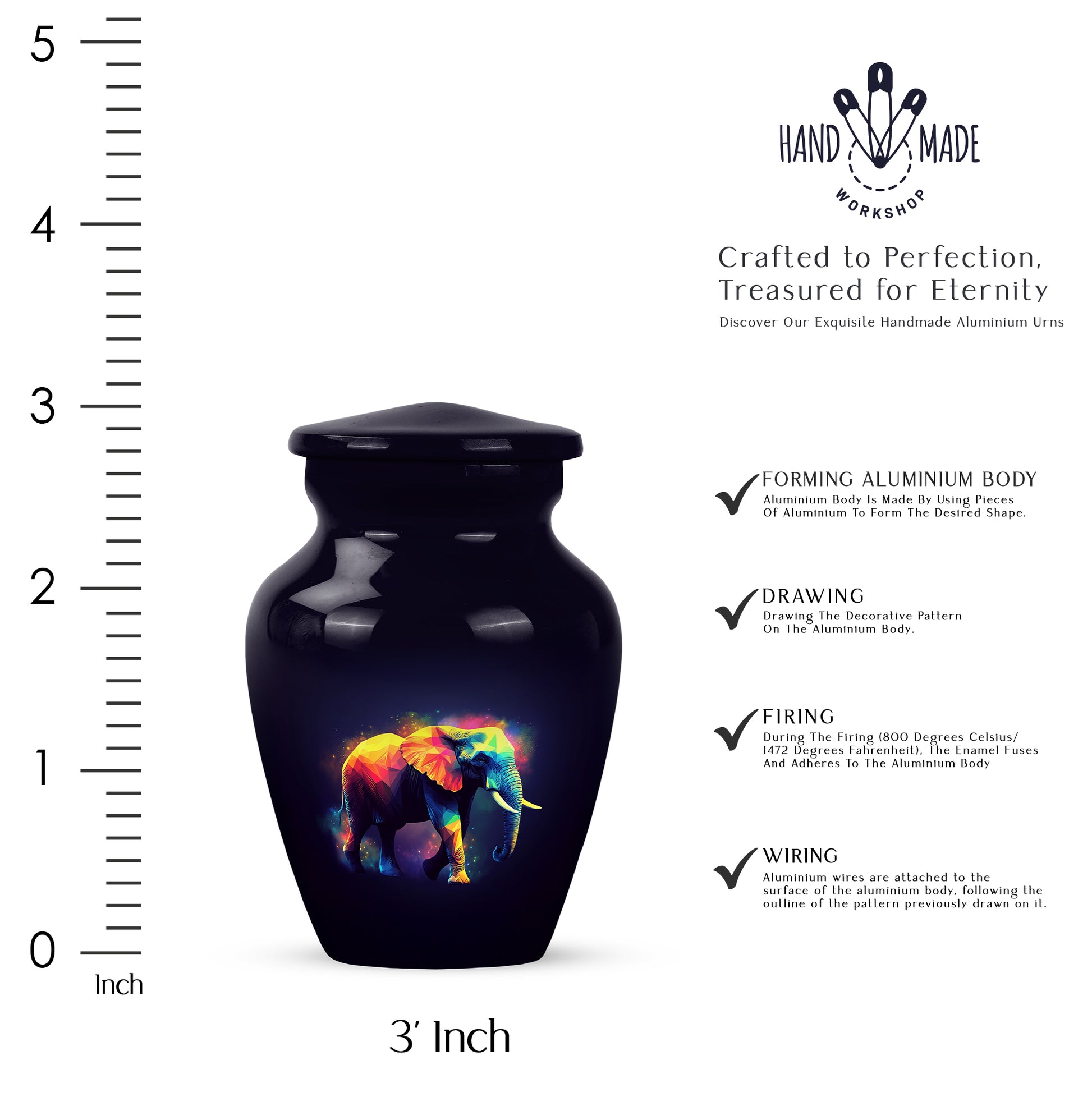 Obsidian Black Elephant Cremation Urn close-up of engraving and surface detail - elegant classic elephant relief with fine detailing - mini keepsake memorial for portion of cremation ashes