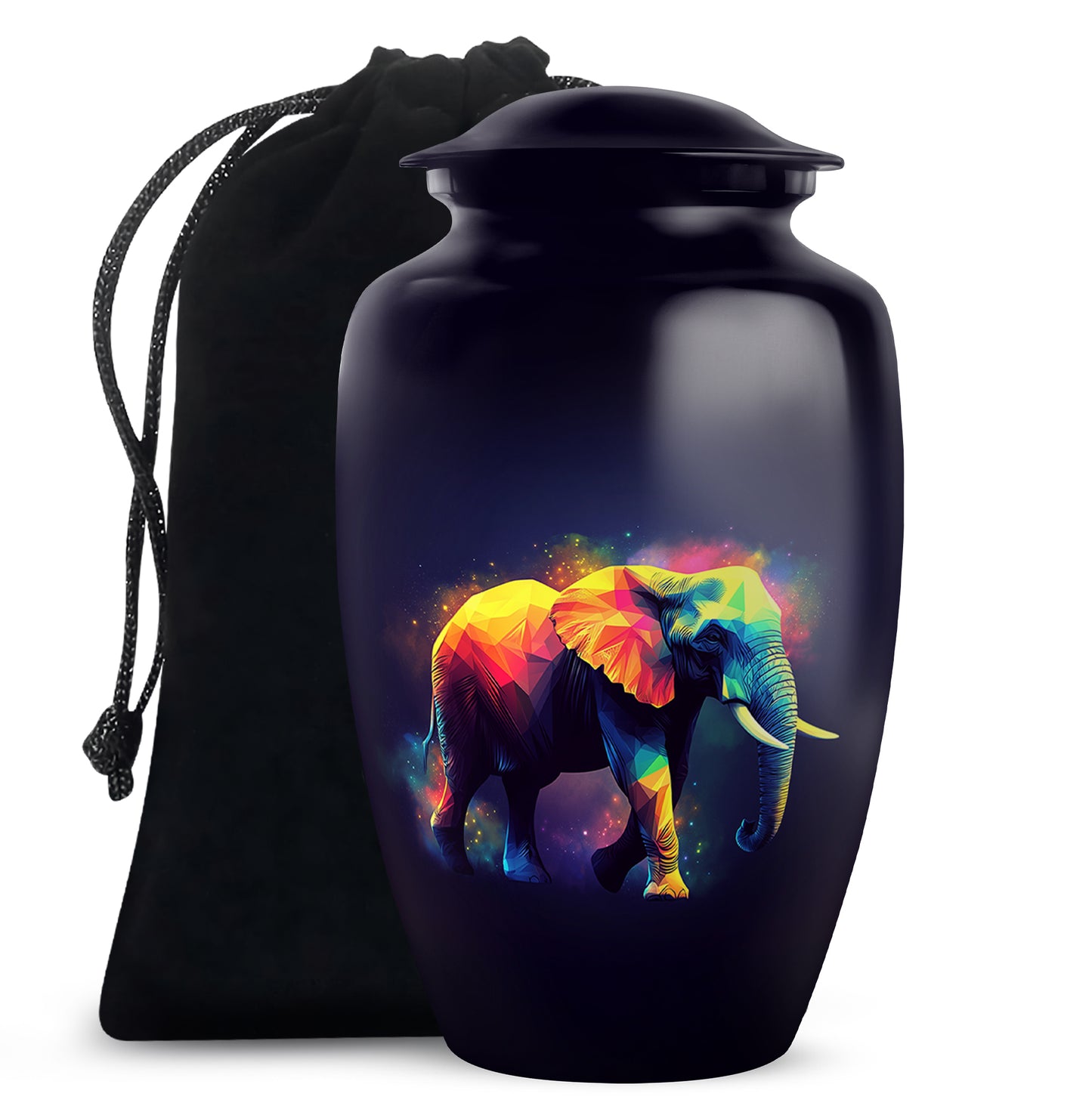 Ebony Elephant Cremation Urn angled view of lid and engraved motif - timeless elephant motif etched into premium metal - full-size 10 inch 200 cubic inch adult cremation urn