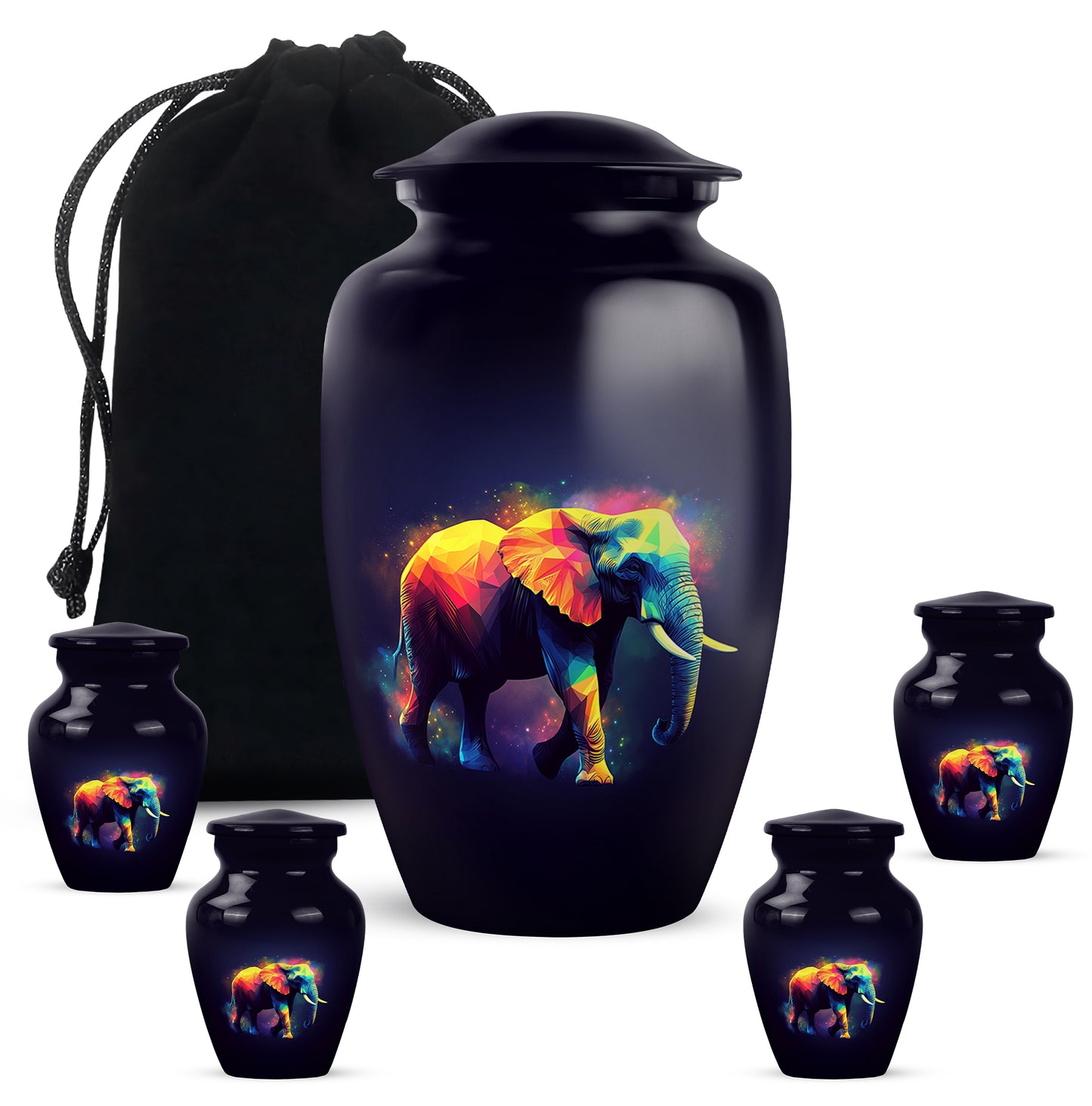 Obsidian Black Elephant Cremation Urn top-down view of secure threaded lid - elegant classic elephant relief with fine detailing - memorial set with one large and four small urns