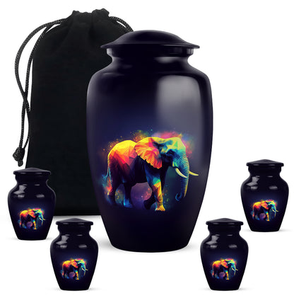 Obsidian Black Elephant Cremation Urn top-down view of secure threaded lid - elegant classic elephant relief with fine detailing - memorial set with one large and four small urns