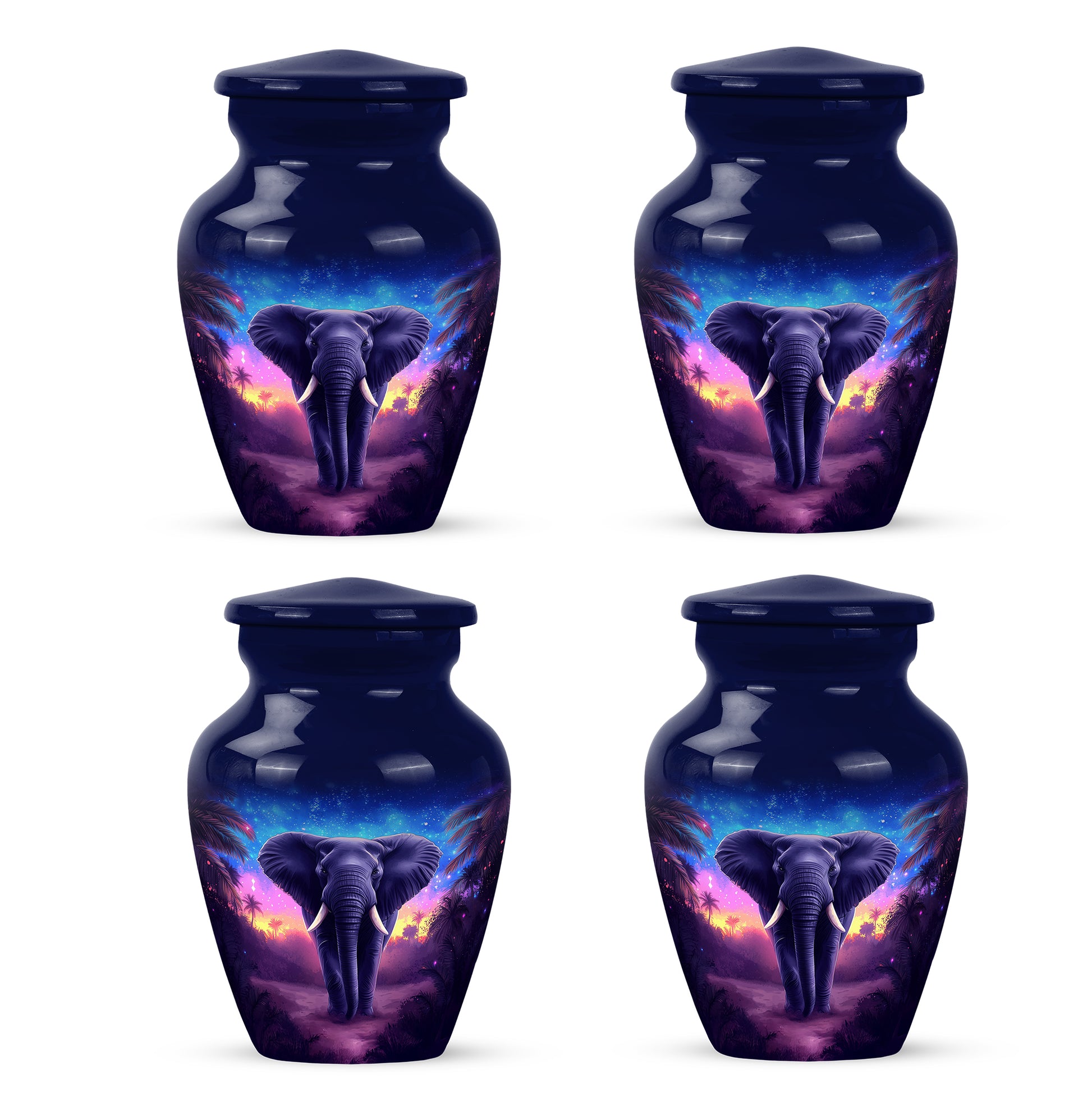 Indigo Elephant Cremation Urn side profile showing urn shape - classic sculpted elephant pattern on smooth aluminum - 10 inch aluminum urn for cremated remains
