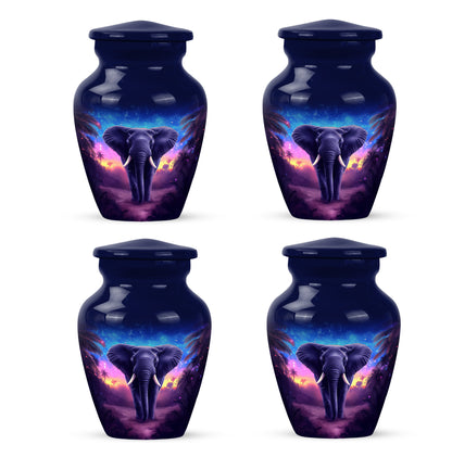 Indigo Elephant Cremation Urn side profile showing urn shape - classic sculpted elephant pattern on smooth aluminum - 10 inch aluminum urn for cremated remains