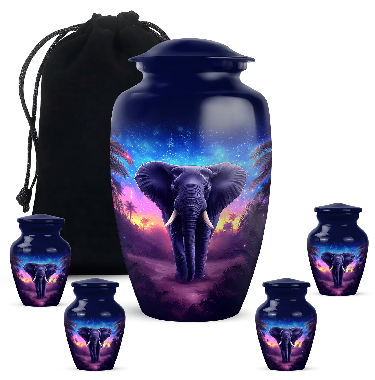 Slate Blue Elephant Cremation Urn top-down view of secure threaded lid - timeless elephant motif etched into premium metal - memorial set with one large and four small urns