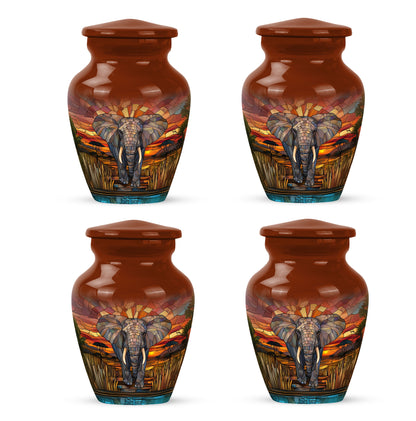 Matte Gold Elephant Cremation Urn side profile showing urn shape - elegant classic elephant relief with fine detailing - 10 inch aluminum urn for cremated remains