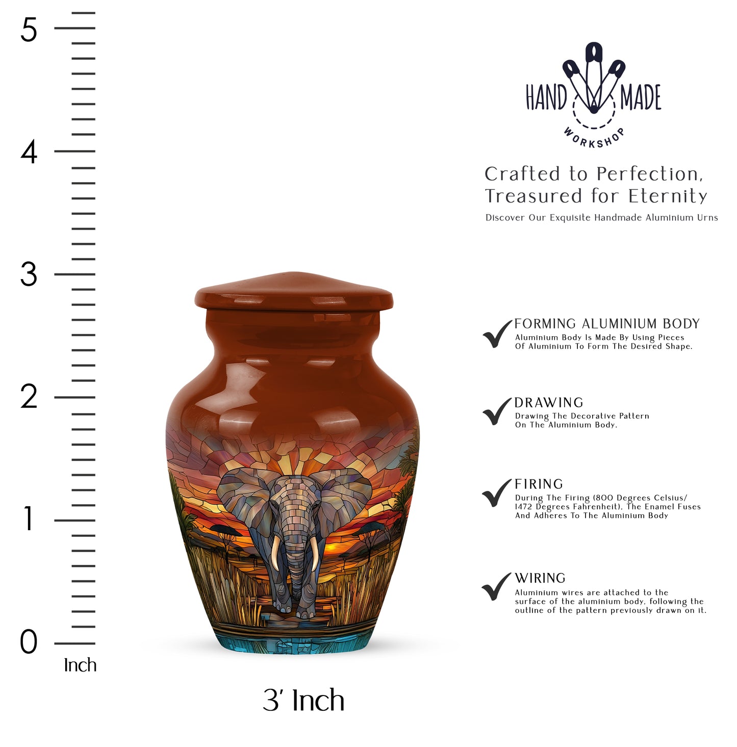 Burnished Gold Elephant Cremation Urn close-up of engraving and surface detail - traditional elephant engraving with hand-polished finish - mini keepsake memorial for portion of cremation ashes