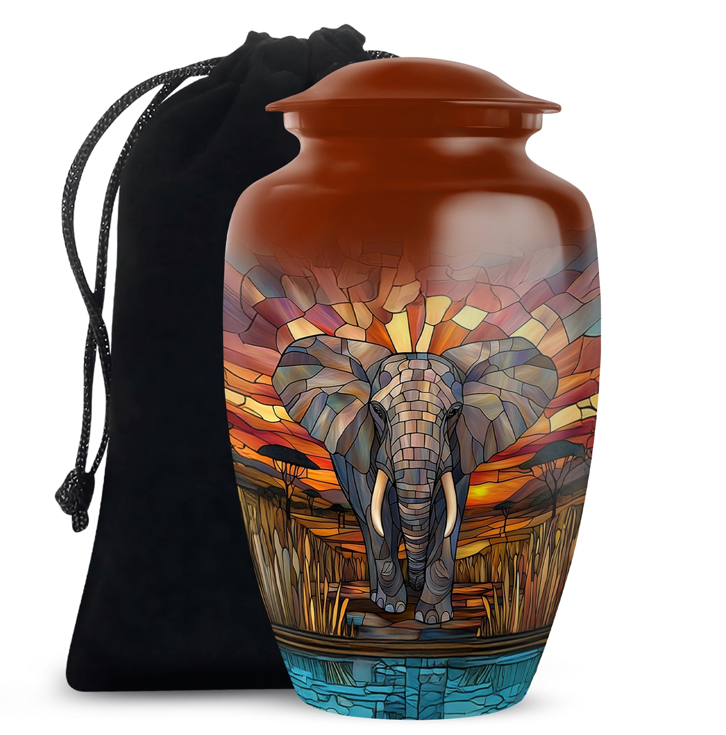 Harvest Gold Elephant Cremation Urn angled view of lid and engraved motif - traditional elephant engraving with hand-polished finish - full-size 10 inch 200 cubic inch adult cremation urn