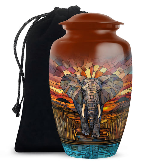Harvest Gold Elephant Cremation Urn angled view of lid and engraved motif - traditional elephant engraving with hand-polished finish - full-size 10 inch 200 cubic inch adult cremation urn