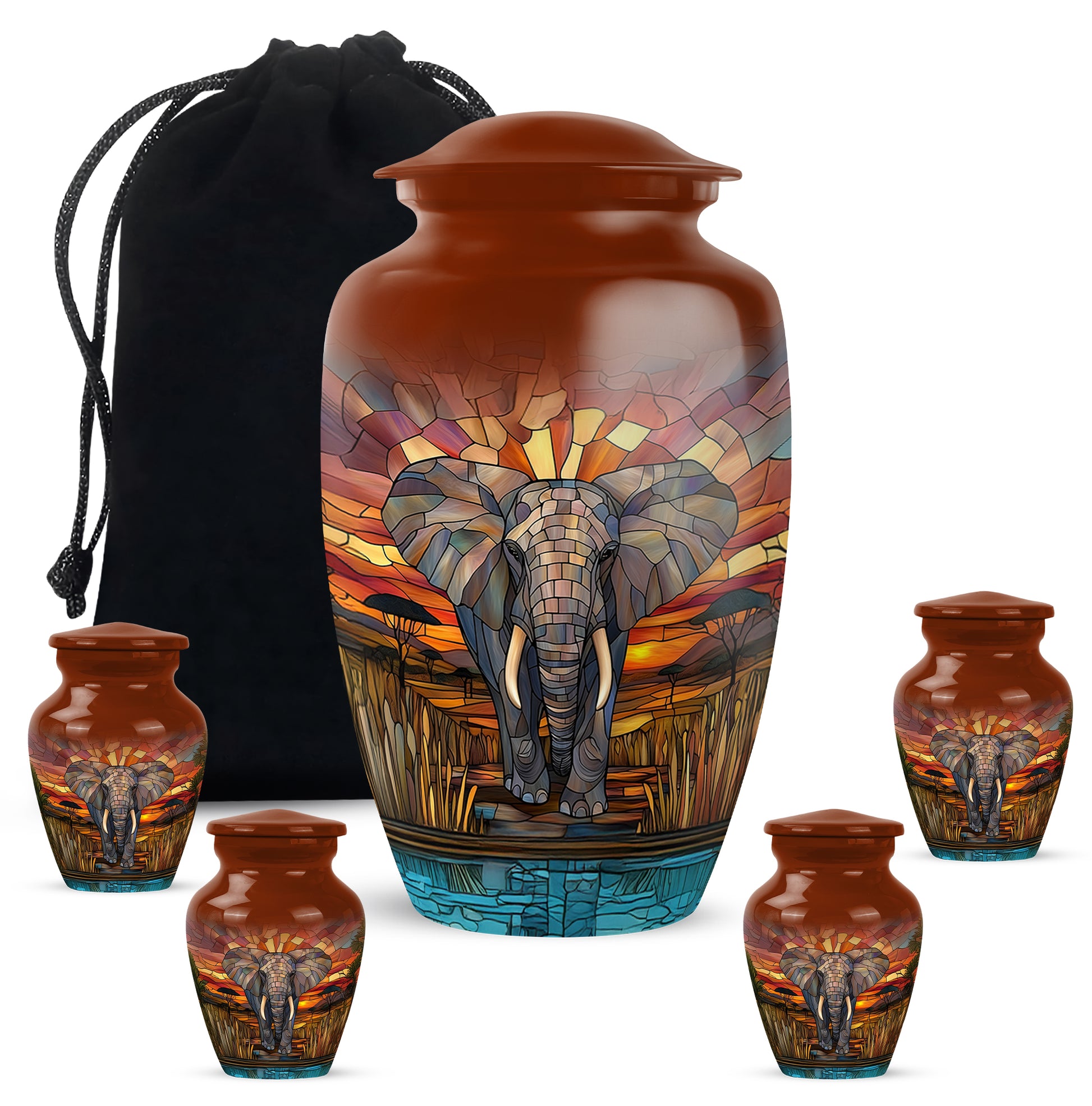 Matte Gold Elephant Cremation Urn top-down view of secure threaded lid - traditional elephant engraving with hand-polished finish - memorial set with one large and four small urns
