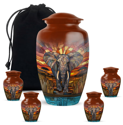 Matte Gold Elephant Cremation Urn top-down view of secure threaded lid - traditional elephant engraving with hand-polished finish - memorial set with one large and four small urns