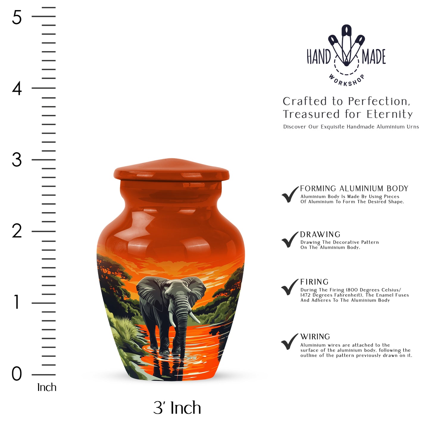 Warm Gold Elephant Cremation Urn close-up of engraving and surface detail - traditional elephant engraving with hand-polished finish - mini keepsake memorial for portion of cremation ashes