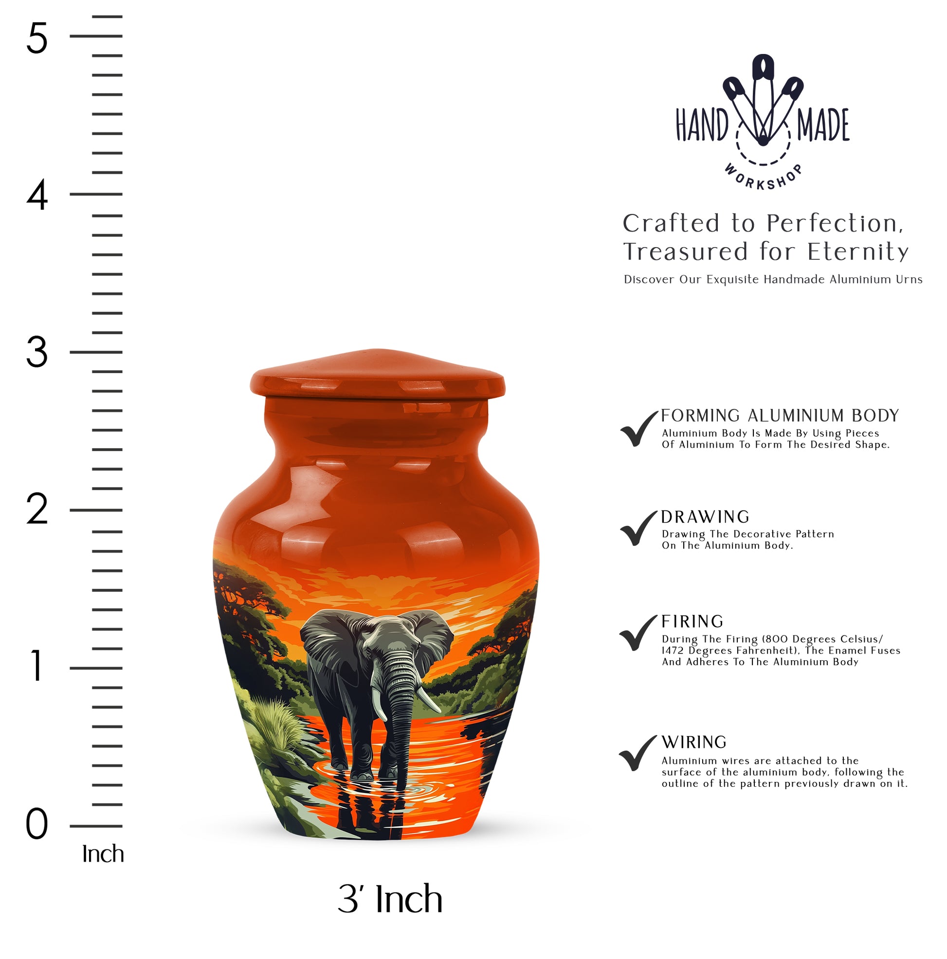 Warm Gold Elephant Cremation Urn close-up of engraving and surface detail - traditional elephant engraving with hand-polished finish - mini keepsake memorial for portion of cremation ashes