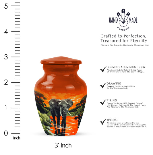 Warm Gold Elephant Cremation Urn close-up of engraving and surface detail - traditional elephant engraving with hand-polished finish - mini keepsake memorial for portion of cremation ashes