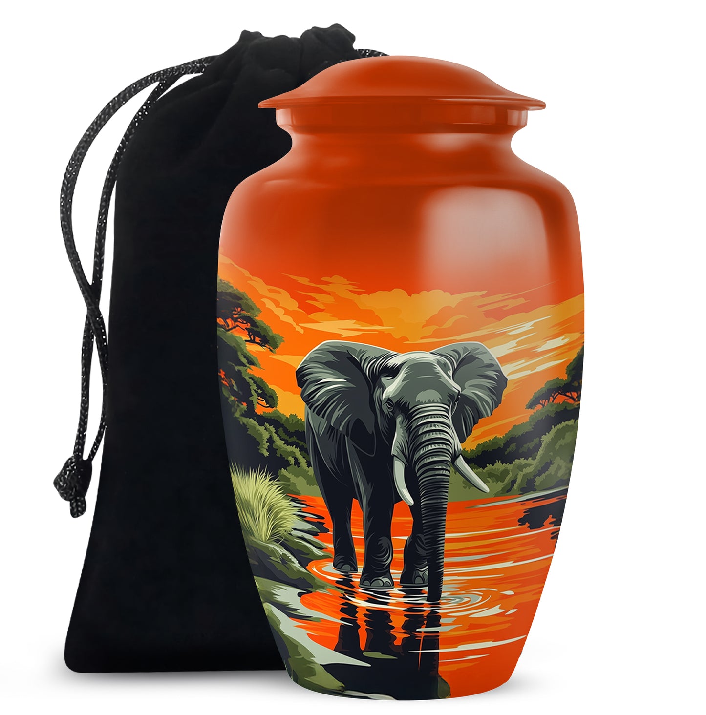 Amber Gold Elephant Cremation Urn angled view of lid and engraved motif - timeless elephant motif etched into premium metal - full-size 10 inch 200 cubic inch adult cremation urn
