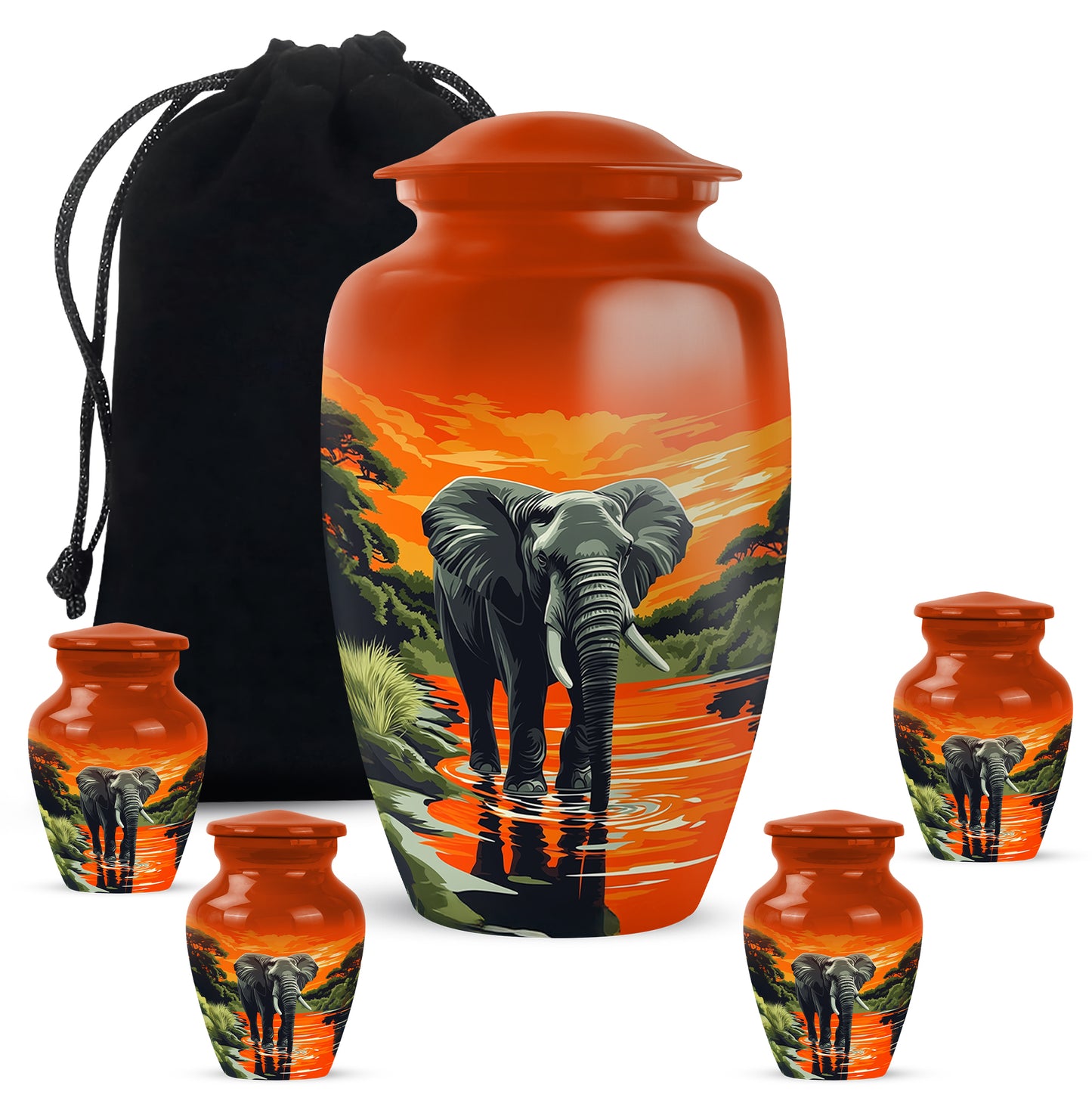 Amber Gold Elephant Cremation Urn top-down view of secure threaded lid - timeless elephant motif etched into premium metal - memorial set with one large and four small urns