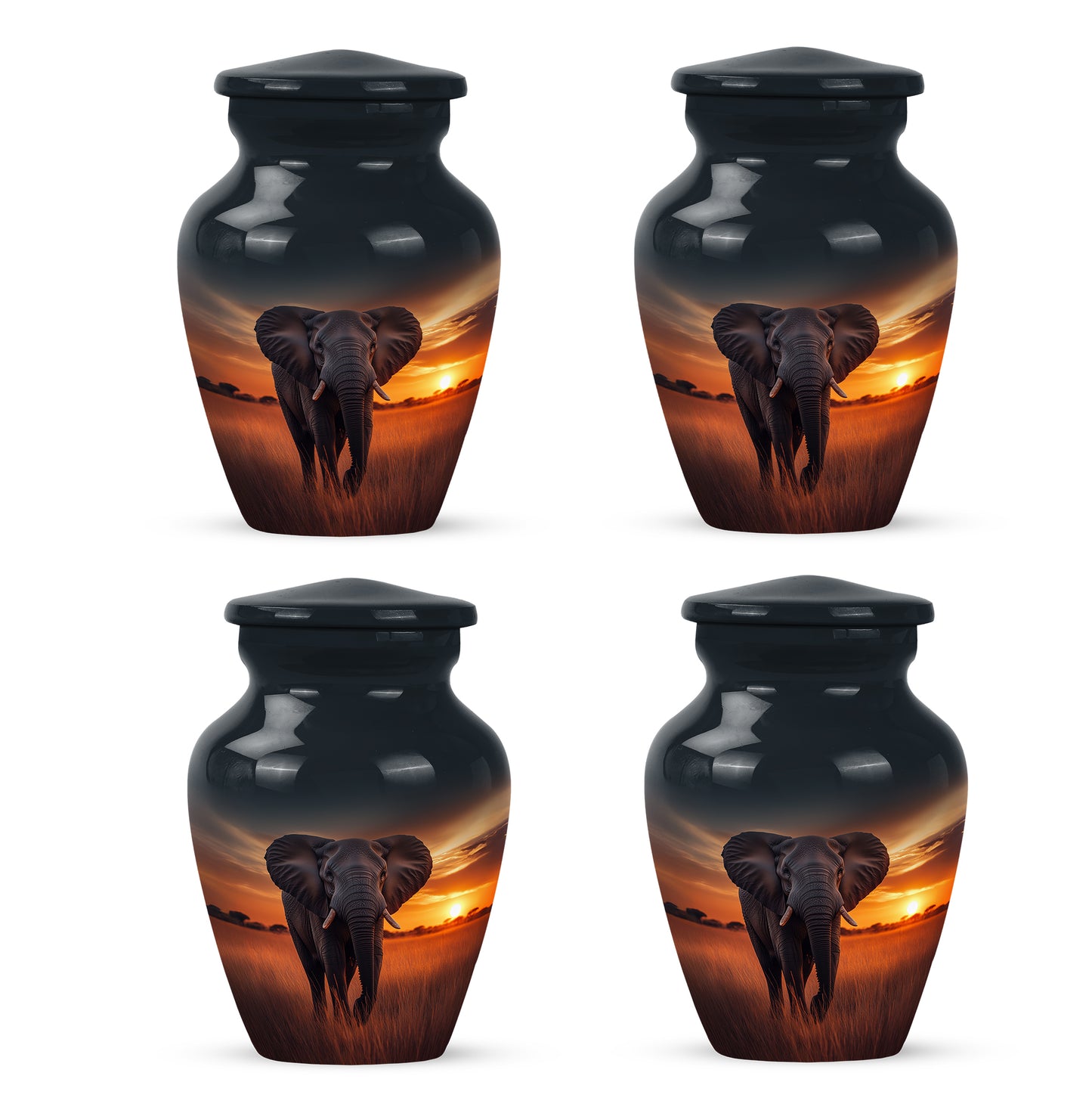Sapphire Blue Elephant Cremation Urn side profile showing urn shape - traditional elephant engraving with hand-polished finish - 10 inch aluminum urn for cremated remains
