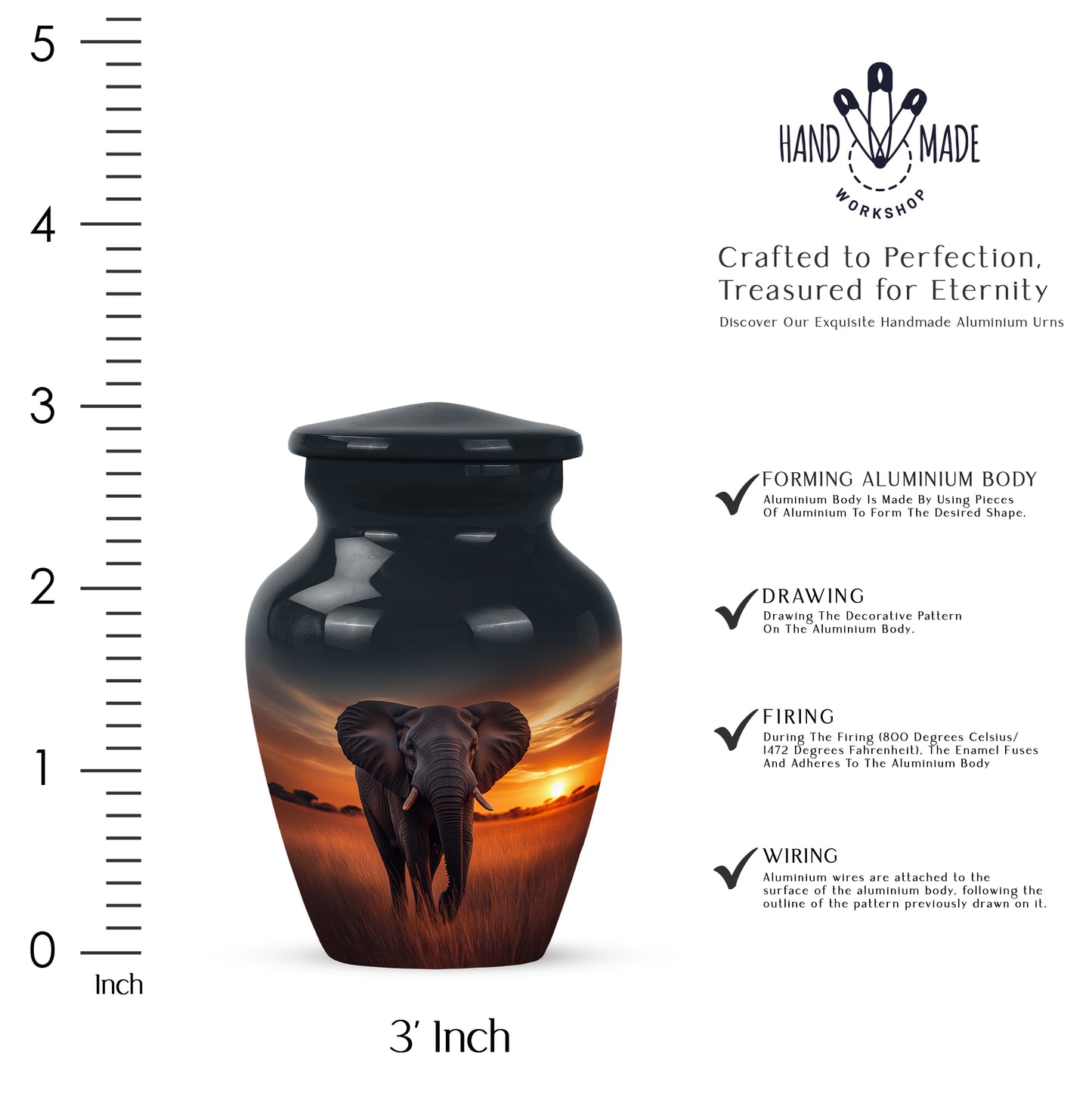 Indigo Elephant Cremation Urn close-up of engraving and surface detail - classic sculpted elephant pattern on smooth aluminum - mini keepsake memorial for portion of cremation ashes