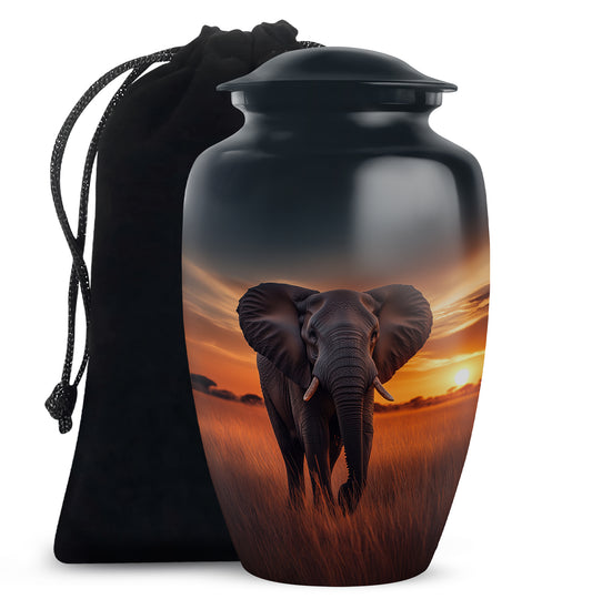 Misty Blue Elephant Cremation Urn angled view of lid and engraved motif - classic sculpted elephant pattern on smooth aluminum - full-size 10 inch 200 cubic inch adult cremation urn