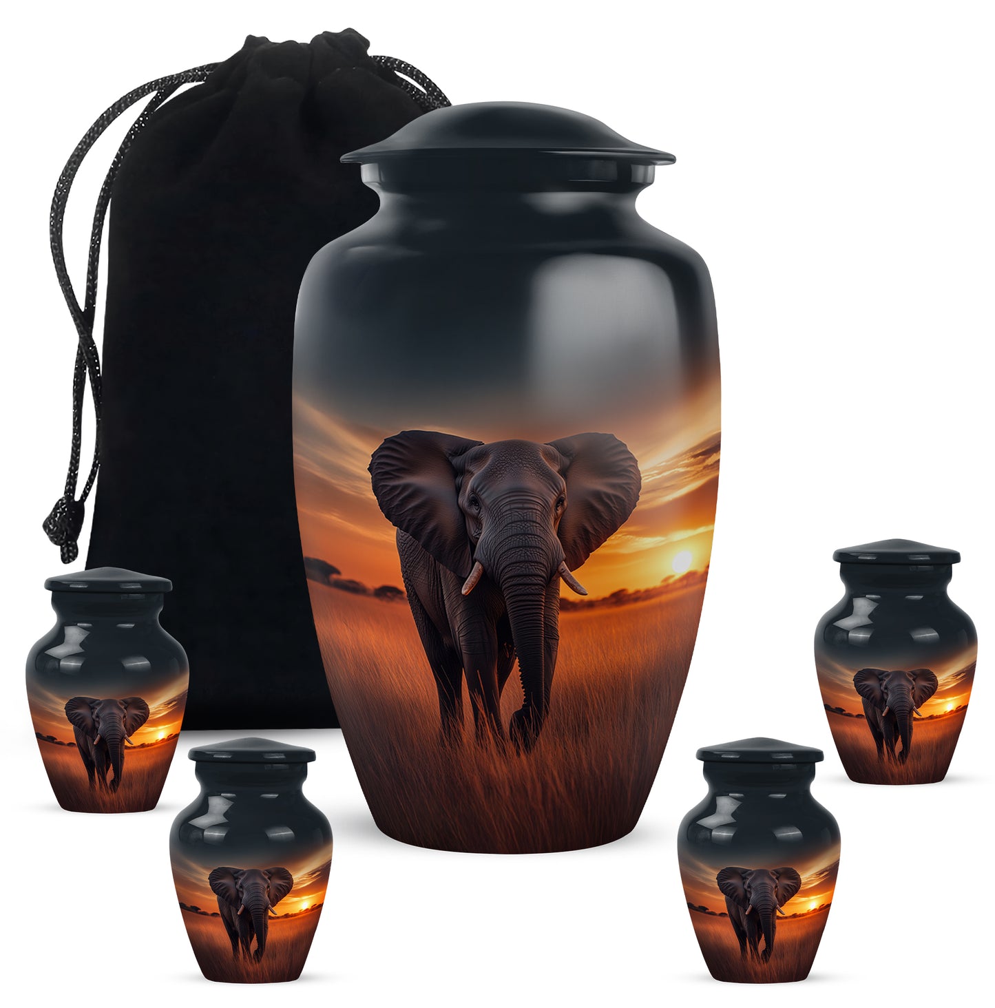 Bright Blue Elephant Cremation Urn top-down view of secure threaded lid - traditional elephant engraving with hand-polished finish - memorial set with one large and four small urns