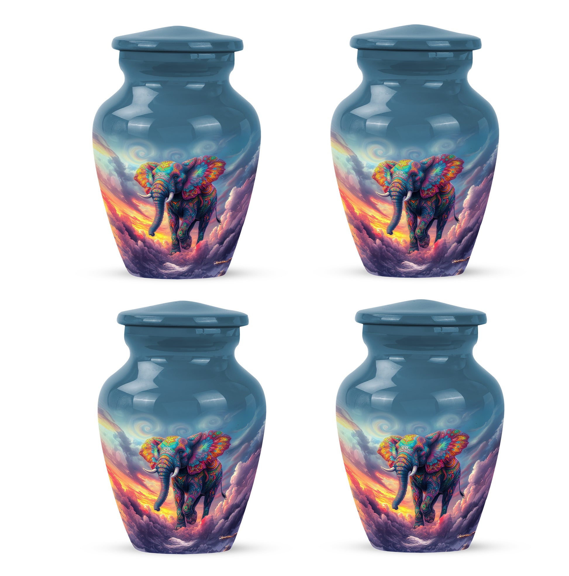 Bright Blue Elephant Cremation Urn side profile showing urn shape - elegant classic elephant relief with fine detailing - 10 inch aluminum urn for cremated remains