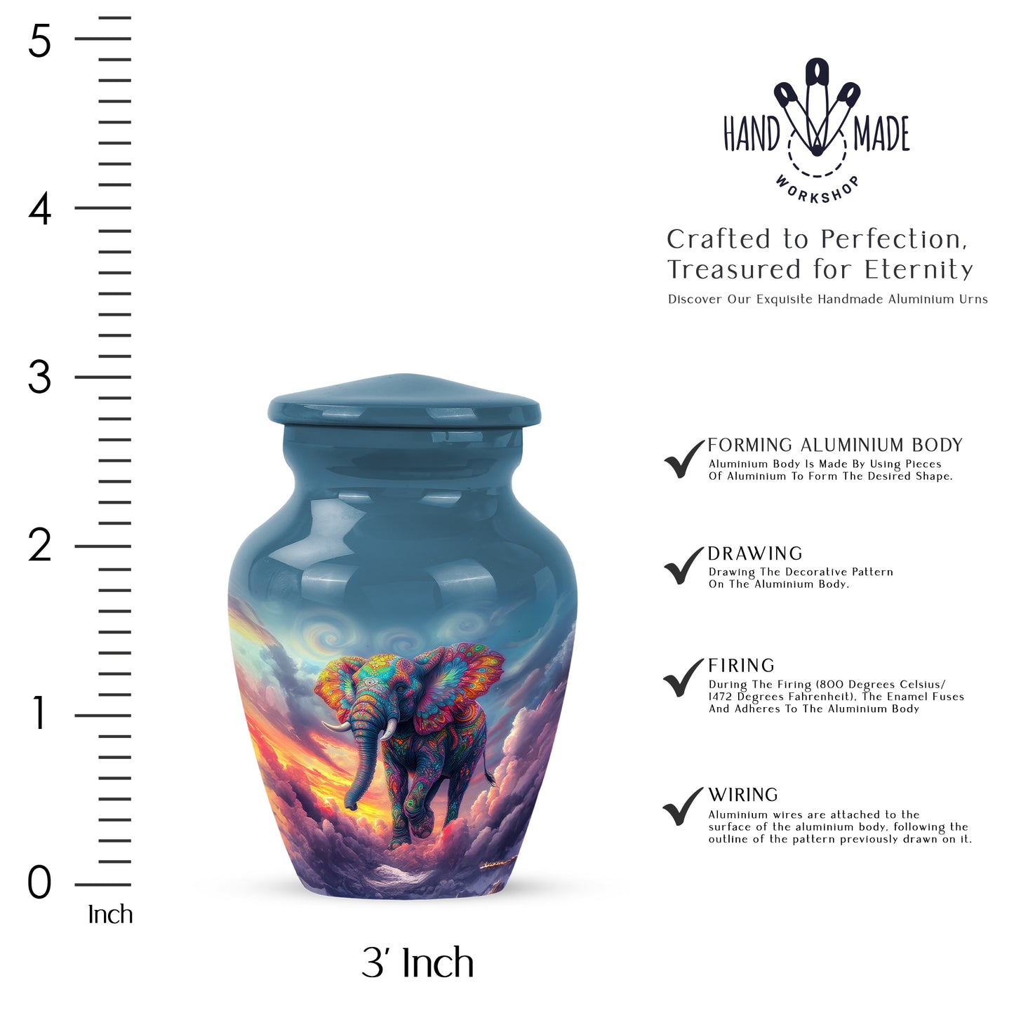Slate Blue Elephant Cremation Urn close-up of engraving and surface detail - timeless elephant motif etched into premium metal - mini keepsake memorial for portion of cremation ashes