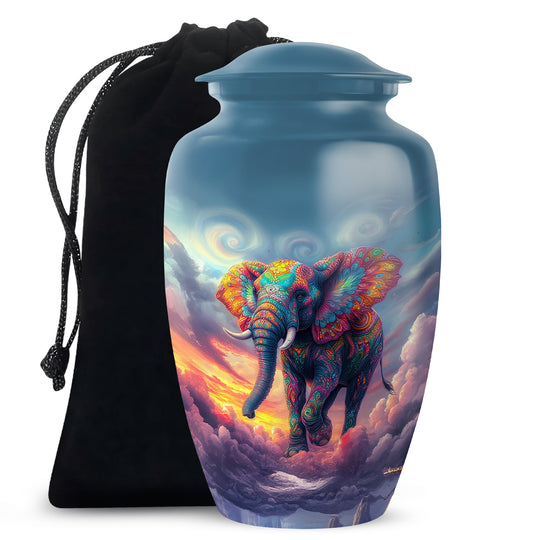 Calming Blue Elephant Cremation Urn angled view of lid and engraved motif - elegant classic elephant relief with fine detailing - full-size 10 inch 200 cubic inch adult cremation urn
