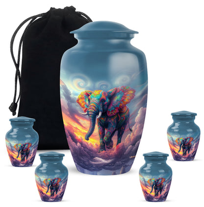 Sapphire Blue Elephant Cremation Urn top-down view of secure threaded lid - elegant classic elephant relief with fine detailing - memorial set with one large and four small urns