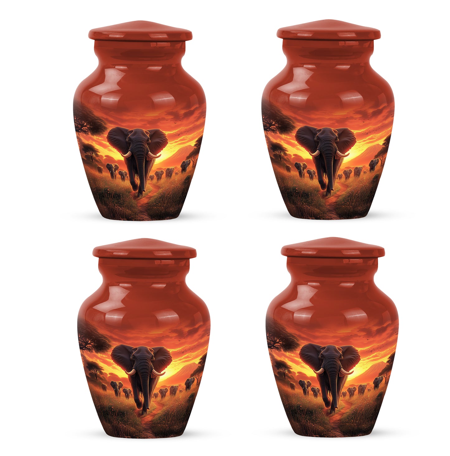 Scarlet Red Elephant Cremation Urn side profile showing urn shape - elegant classic elephant relief with fine detailing - 10 inch aluminum urn for cremated remains