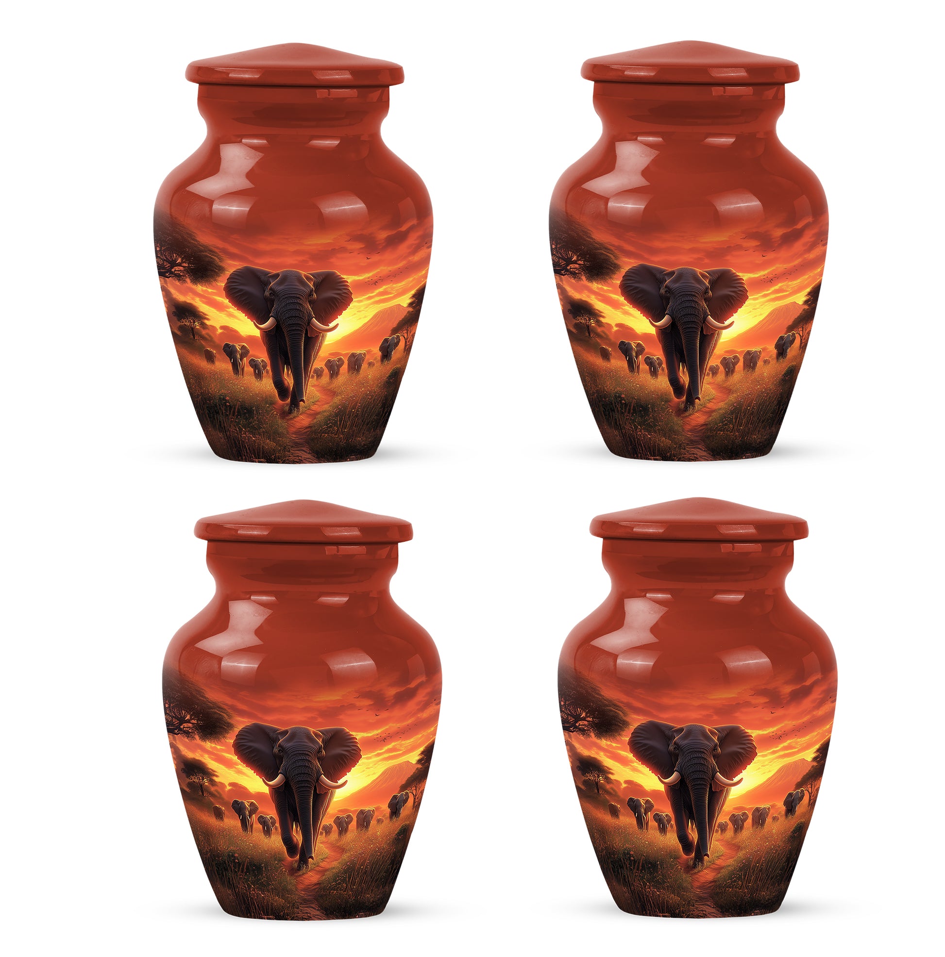 Scarlet Red Elephant Cremation Urn side profile showing urn shape - elegant classic elephant relief with fine detailing - 10 inch aluminum urn for cremated remains