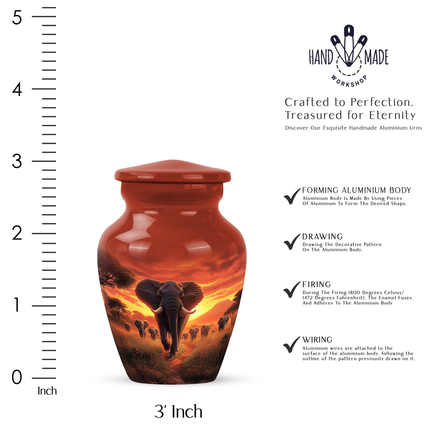 Wine Red Elephant Cremation Urn close-up of engraving and surface detail - timeless elephant motif etched into premium metal - mini keepsake memorial for portion of cremation ashes
