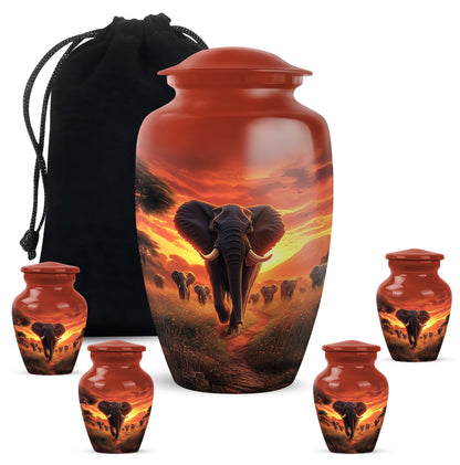 Deep Red Elephant Cremation Urn top-down view of secure threaded lid - classic sculpted elephant pattern on smooth aluminum - memorial set with one large and four small urns