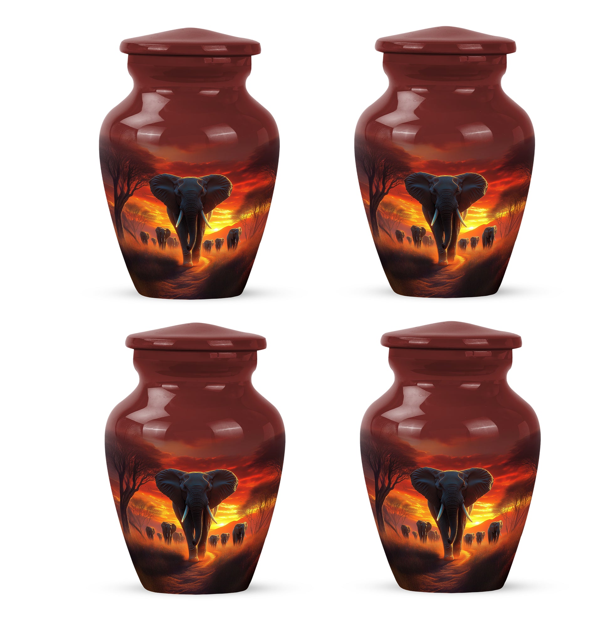 Garnet Red Elephant Cremation Urn side profile showing urn shape - timeless elephant motif etched into premium metal - 10 inch aluminum urn for cremated remains