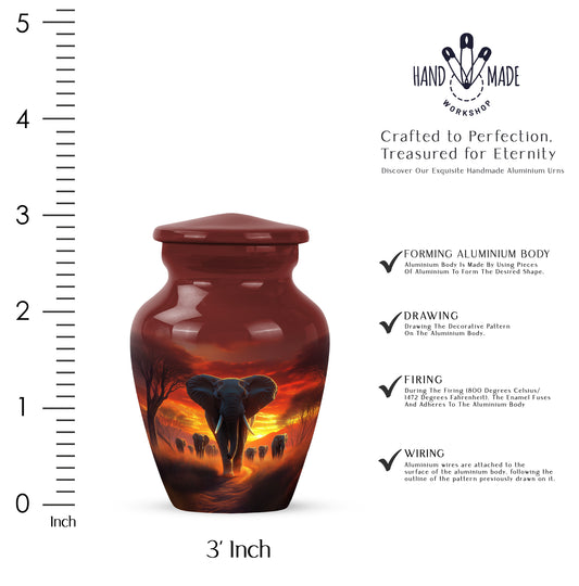Rich Red Elephant Cremation Urn close-up of engraving and surface detail - traditional elephant engraving with hand-polished finish - mini keepsake memorial for portion of cremation ashes