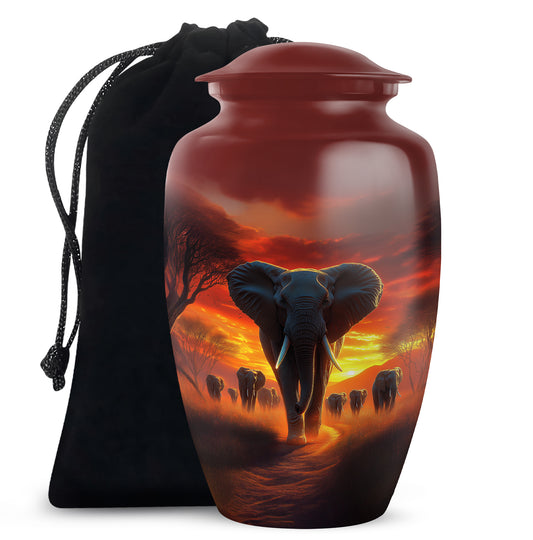 Scarlet Red Elephant Cremation Urn angled view of lid and engraved motif - elegant classic elephant relief with fine detailing - full-size 10 inch 200 cubic inch adult cremation urn