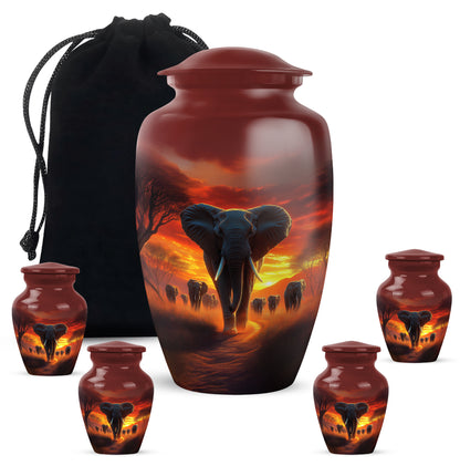 Rich Red Elephant Cremation Urn top-down view of secure threaded lid - elegant classic elephant relief with fine detailing - memorial set with one large and four small urns