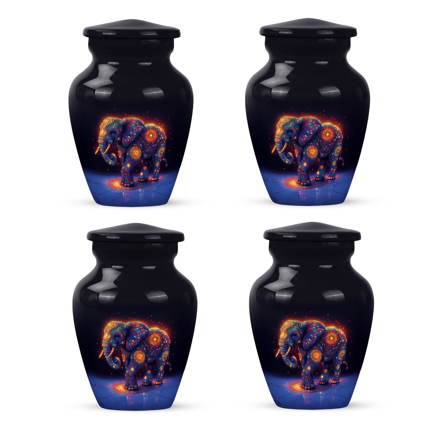 Cornflower Blue Elephant Cremation Urn side profile showing urn shape - traditional elephant engraving with hand-polished finish - 10 inch aluminum urn for cremated remains