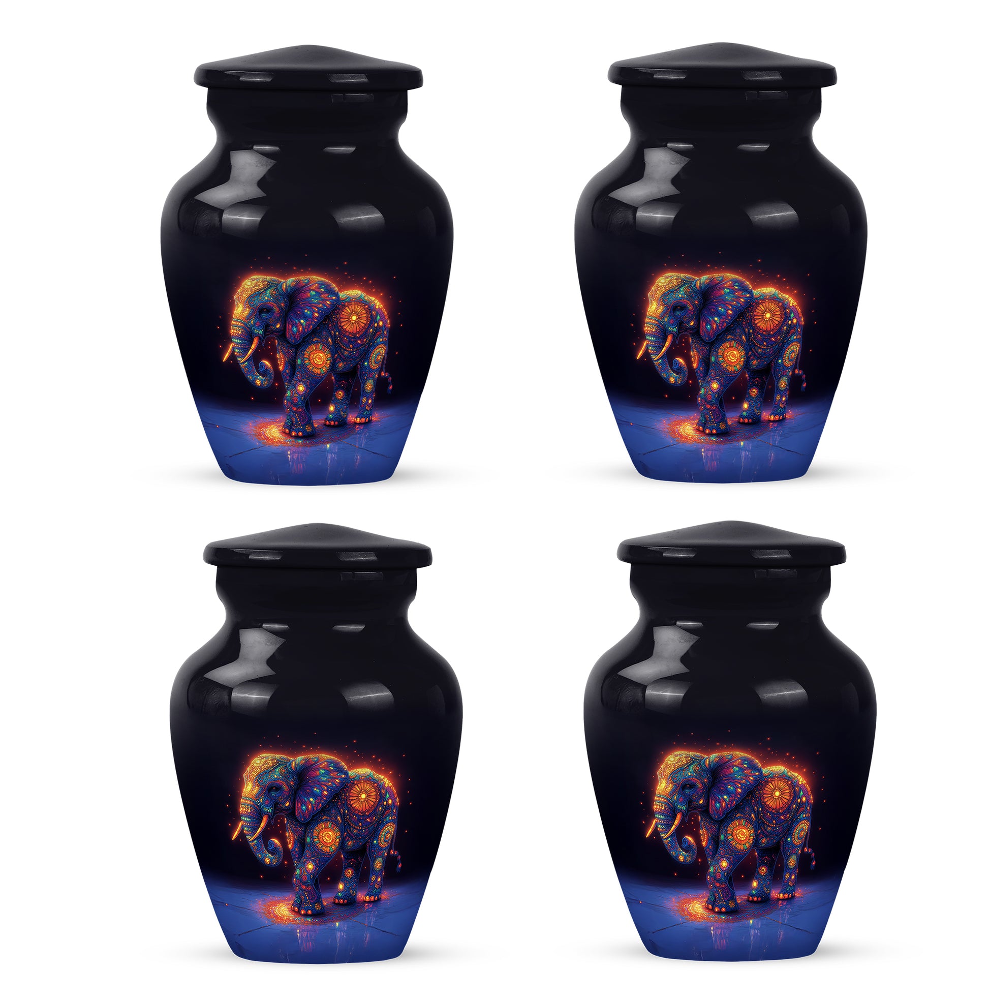 Cornflower Blue Elephant Cremation Urn side profile showing urn shape - traditional elephant engraving with hand-polished finish - 10 inch aluminum urn for cremated remains