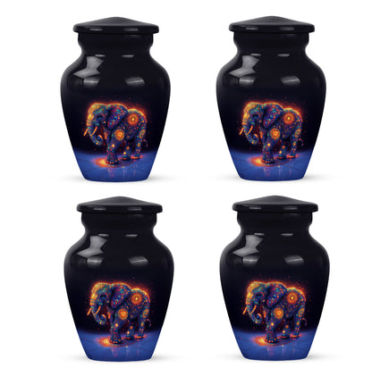 Cornflower Blue Elephant Cremation Urn side profile showing urn shape - traditional elephant engraving with hand-polished finish - 10 inch aluminum urn for cremated remains