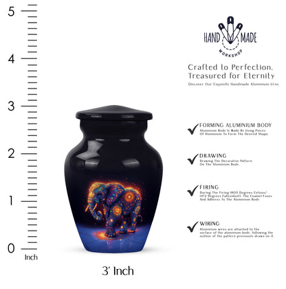 Pastel Blue Elephant Cremation Urn close-up of engraving and surface detail - classic sculpted elephant pattern on smooth aluminum - mini keepsake memorial for portion of cremation ashes
