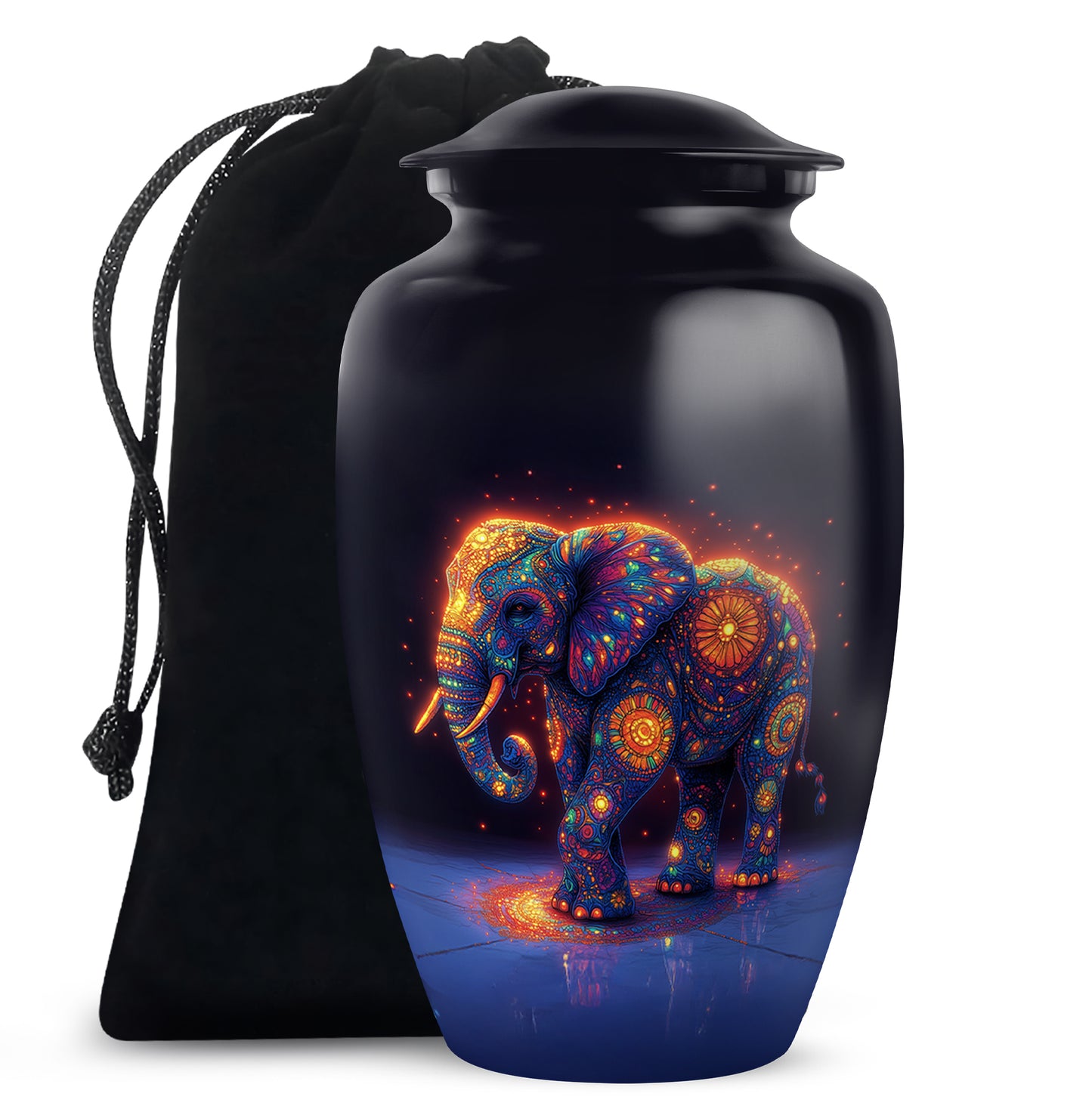 Indigo Elephant Cremation Urn angled view of lid and engraved motif - classic sculpted elephant pattern on smooth aluminum - full-size 10 inch 200 cubic inch adult cremation urn
