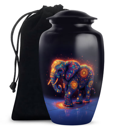 Indigo Elephant Cremation Urn angled view of lid and engraved motif - classic sculpted elephant pattern on smooth aluminum - full-size 10 inch 200 cubic inch adult cremation urn