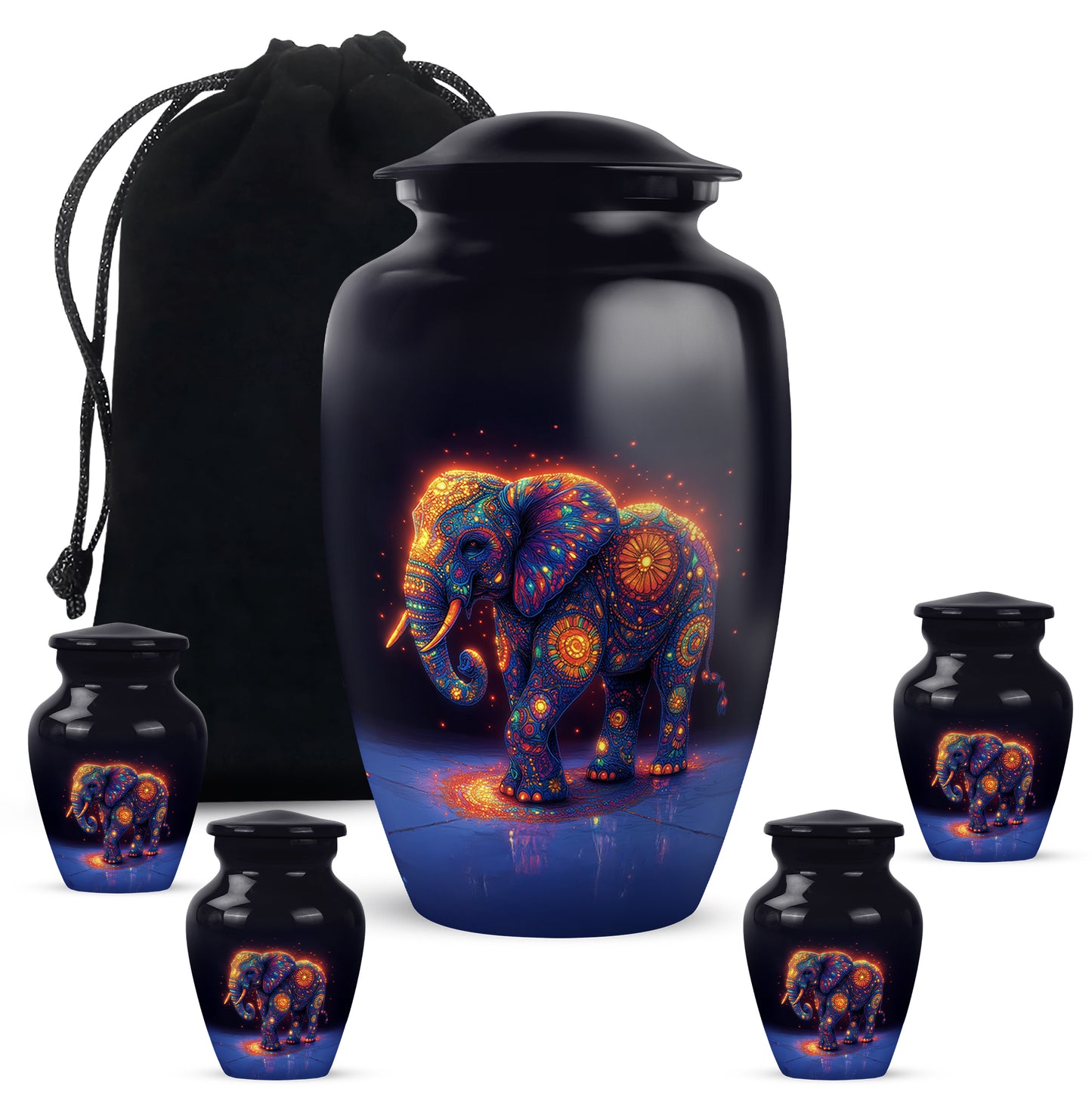 Cobalt Blue Elephant Cremation Urn top-down view of secure threaded lid - elegant classic elephant relief with fine detailing - memorial set with one large and four small urns